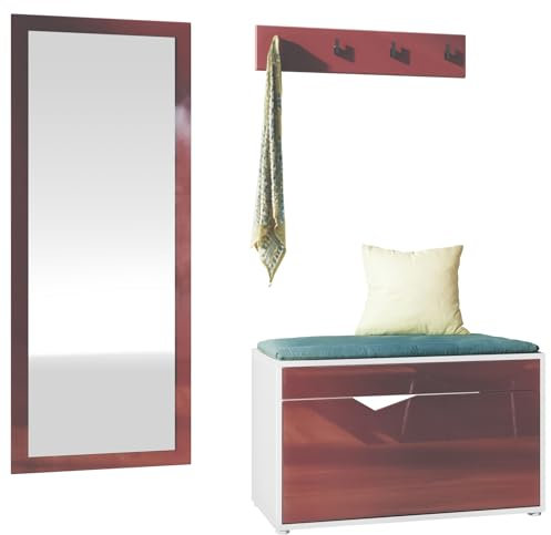 Vladon Ensemble Vestiaire Hanko : Comprend 1 Banc à Chaussures, 1 Porte-Manteau et 1 Miroir Murale, Blanc Mat/Bordeaux Haute Brillance