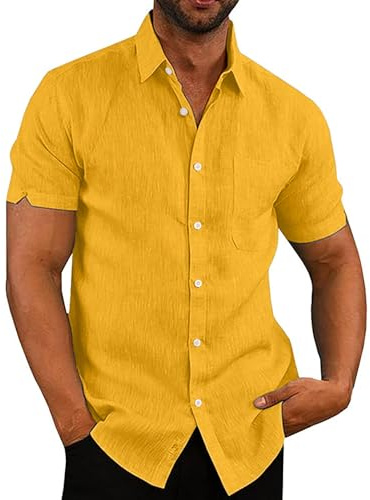 Rodawu Chemises d'été décontractées en coton à manches courtes pour homme, coupe droite, jaune, XL