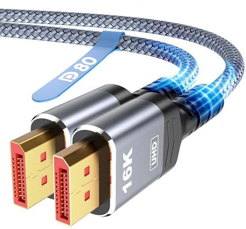 Highwings 80Gbps Displayport Cable 2.1 6.6FT, 16K@60Hz, 8K@120Hz, 4K@240Hz, DP 2.1 Cable 16K Braided Cord, Compatible with HDR10 DSC 1.2a, G-Sync FreeSync Gaming PC, Gaming Monitor 5090, AMD 7900XTX