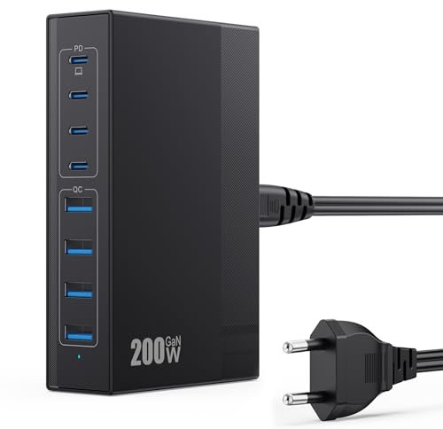 Cargador USB C Multiple 200W, 8 Puertos GAN III Enchufe de Pared USB C, 65W Carga Rapida Portátil Cargador Adaptador con 4 Tipo-C y 4 USB-A para MacBook Air/Pro, iPhone 16 15 14 13, iPad, Samsung etc