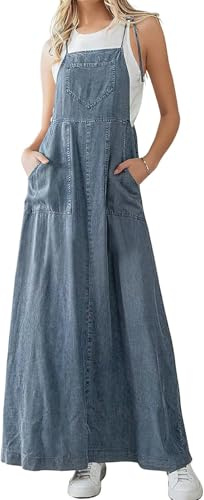 Lazutom Abito estivo da donna, senza maniche, lungo, in jeans, con spalline sottili, abito svasato per abbigliamento casual, Blu, S