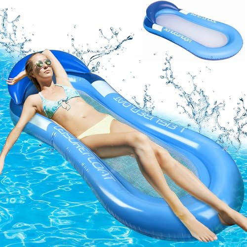 Matelas Pneumatique Flottant, 4 en 1 Matelas Piscine Gonflable, Matelas Gonflable Piscine avec Appui-Tête, Matelas Piscine Adulte Enfant, Hamac Gonflable Piscine, pour Plage, Bassins, Lac (Blue)