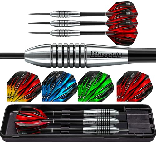 Harrows Fire Bomber Tungsten Steel Tip Darts Set – Available in 23g, 25g, 27g & 30g – Professional Tungsten Darts for Precision & Durability – Premium 20pcs Bundle with Spare Fire Flights (23g)