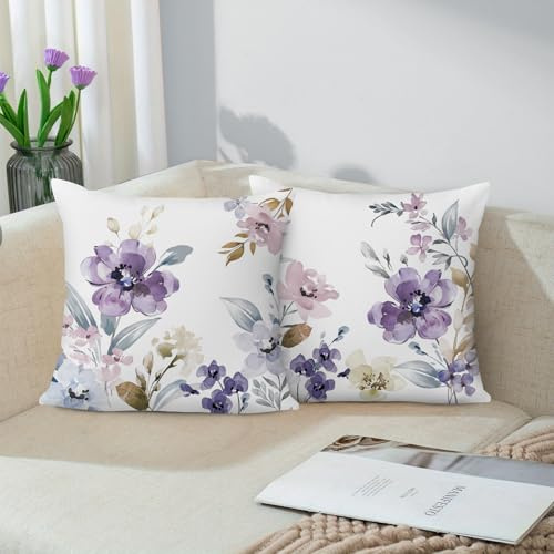 Bonhause Fundas Cojines Acuarela Floral 45 x 45 cm Funda de Almohada Primavera Morado Flores Terciopelo Suave Cojines Decorativos para Sofá Cama Hogar Exterior Juego de 2
