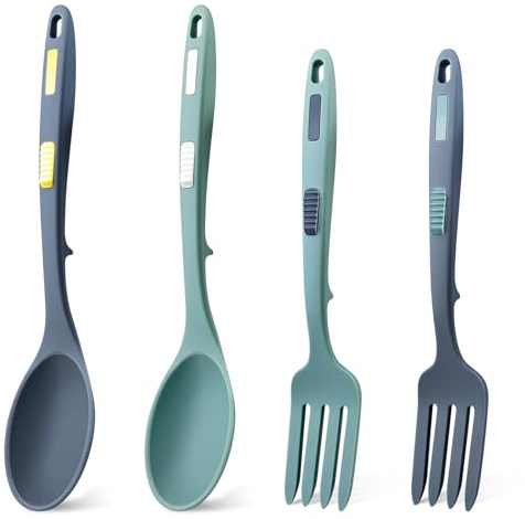 GZqiacang - Set di 4 forchette da cucina in silicone, resistenti al calore, in silicone, con 4 ganci, per cucinare, mescolare, utensili da portata (azzurro, blu scuro)