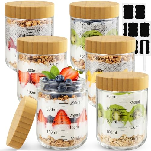Otauoaea 6 Piezas Tarros de Cristal con Tapa 470ml Vasos Yogurtera con Tapa, Frasco de Vidrio Graduado,Overnight Oats Jar Botes de Cristal Hermetico para Yogur, Mermelada, Ensalada, Cereales, Pudín
