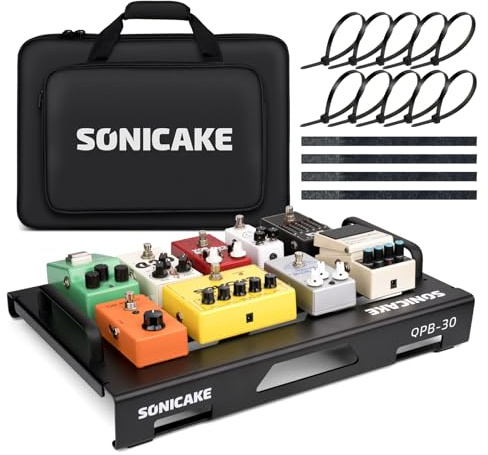 SONICAKE Minipedalställ för gitarr av aluminiumlegering 46 x 32,3 x 7 cm med väska, pedalrem och band Svart QPB-31
