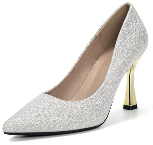 QiBusLeen Eleganti décolleté a stiletto da donna classiche glitterate a punta nera bianca chiusa con tacco alto per feste, balli di fine anno, matrimonio, abito da sera con tacco 9 cm, Glitter