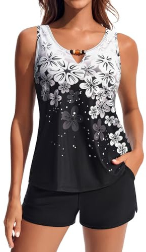 Hanna Nikole 2-delat tankini-set för kvinnor, Storbritannien, blygsamma baddräkter, v-ringad blus baddräkter med sportiga badshorts fickor, baddräkt kvinnor 2 delar