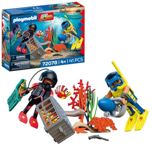 PLAYMOBIL City Action Polizeitaucher mit Schatz | 2 Figuren + Unterwasser-Scooter & Meerestiere | Fördert Kreativität | Kinder Spielzeug ab 4 Jahren | 72078