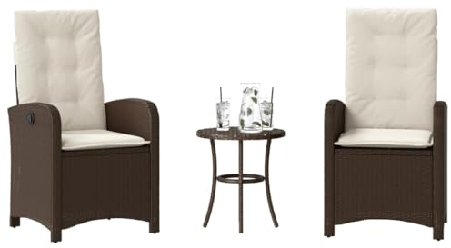LoogCape Ensemble de bistro 3 pièces en polyrotin marron avec fauteuils de relaxation réglables et coussins, meubles de jardin résistants aux UV pour balcon, terrasse, jardin