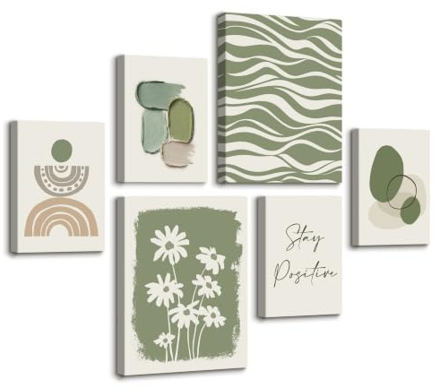 6 st gröna nordiska abstrakta geometriska moderna rambilder, minimalistiska smutsiga vita blommor väggtryck inspirerande citat bild canvastryck dekor för vardagsrum sovrum