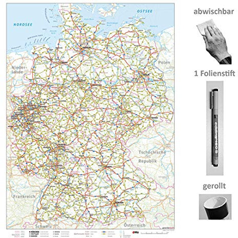 Große Deutschlandkarte Ausgabe 2019 - nass abwischbar inkl. 1 Stift - 84 x 60 cm Lieferung gerollt (12)