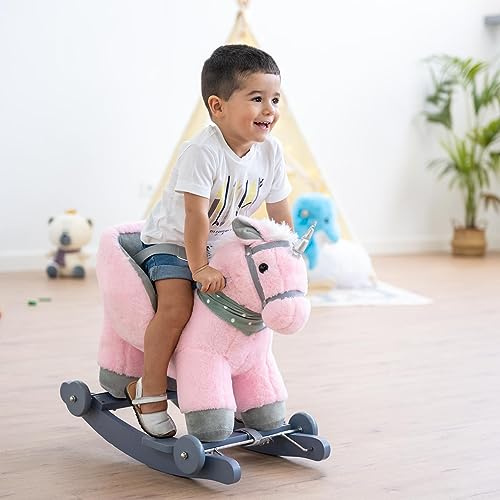 Cheval à Bascule (Licorne) 2 en 1 pour Enfant en Peluche Douce et Non-Toxique pour Les bébés, avec poignées, Base en Bois, roulettes et Sons, idéal pour décoration de Chambre d'enfant