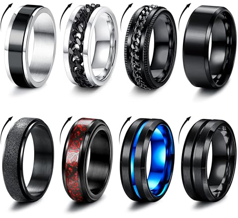 Milacolato 8Pcs Anello Uomo Acciaio Inossidabile Vintage Catena Anelli Set Punk Gotico Anello Donna Uomo Nero Anello Donna Nero Acciaio Set Anelli Acciaio Uomo
