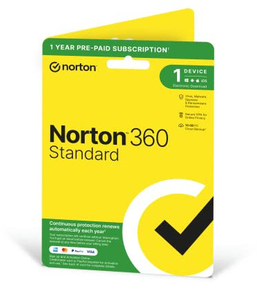 Norton 360 Standard 2023, Antivirus software for 1 Device and 1-year subscription with automatic renewal, Includes Secure VPN and Password Manager, PC/Mac/iOS/Android, Activation Code by Post
