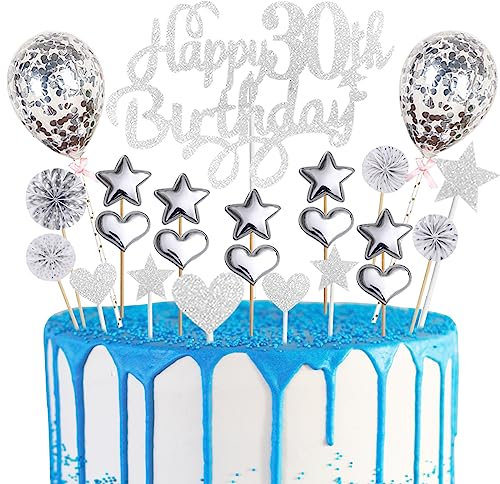 Happy Birthday Cake Topper 30th, Silver Glitter Happy 30th Birthday Cake Topper for Men Women, 23pcs Happy Birthday Sign for Cake Decor, Thirtieth Birthday Party Cupcake Topper with Star Heart Balloon