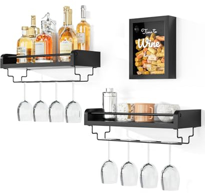 Love-KANKEI Wall Mounted Wine Shelves Set of 2 with Wine Cork Holder, Wooden Wine Rack with Stemware Hanger Wine Glass Holder for Home Bar Kitchen(Black)