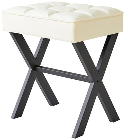 IBUYKE Square Makeup Stool with X-Leg Foot Rest, PU Footrest, Ottoman Seat Vanity Stool, Multi-Use as Small Side Table, for Bedroom, Living Room, White L/G-71W