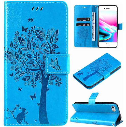Hancda Coque pour iPhone SE 2022 / iPhone SE 2020 / iPhone 8 / iPhone 7 Etui Housse Coque en Cuir avec Motif Porte Carte Portefeuille à Rabat Magnétique Flip Case Cover Antichoc Étui Coque,Bleu