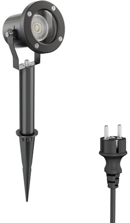 ledscom.de Gartenstrahler MIBU mit Erdspieß und 15 cm Sockel für außen, IP55, schwarz, inkl. LED GU10 Lampe (warmweiß, 7,6W, 1103lm, 33°)