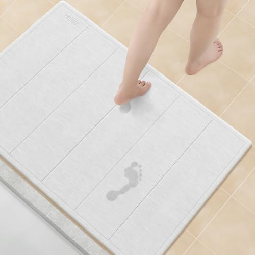 Yolife 32x 20 Stone Bath Mat Large, Diatomaceous Earth Bath Mat for Bathroom, Super Absorbent Quick Drying Stone Shower Mat, Non-Slip Natural Diatomite Bathroom Floor Mat, Easy to Clean (White Grey)