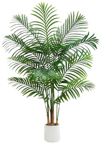 Artificial Palm Tree 5FT Faux Plants Indoor Tropical Fake Palm Tree Areca Floor Plant in White Pot with 13 Trunks & Real Bark Design, Faux Palm Plant for Outdoor Patio Home Room Office Decor