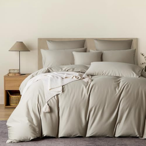 YASMENG Satin Bettwäsche 200x200 Beige 100% Langstapelige Baumwolle Kühlend Mako Satin Bettwäsche Weich Seidig Atmungsaktiv Seide Bettbezug Set 3 Teilig mit Reißverschluss und 2 Kissenbezüge 80x80 cm