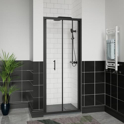 Aquariss 800 x 700 mm Black Bifold Shower Door Enclosure with Shower Tray | Bi Fold Shower Enclosure Cubicle with Tray and Waste, Shower Tray and Enclosure Set, Wetroom, Reversible