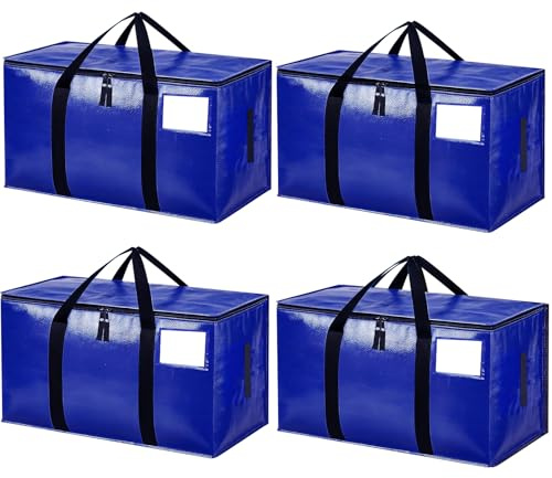 Zandrix 95L Waterproof Storage Bags Moving Boxes Bags with Lids - 4 Pack | Tear-Resistant Heavy Duty Reusable Cloths Packing Bags with Backpack Straps for Dorm, Christmas Decor, Travelling, Blue