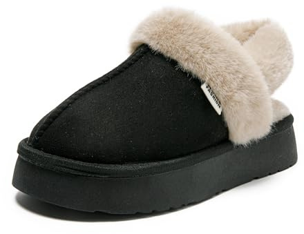 JOMIX Zapatillas de Casa Mujer Invierno con Pelo Pantuflas Peluche Punta Cerrada Destalonadas Correa Trasera Efecto Ante Suela Plataforma Antideslizante Ligera Cómodas y Calentitas WPW255142 Negro 37