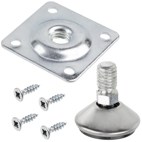 Aerzetix - Kit di 4 piedini regolabili pivotanti M10 + 4 piastre di fissaggio M10 + 18 viti per legno M4x16 mm | Accessori per montaggio mobili in legno