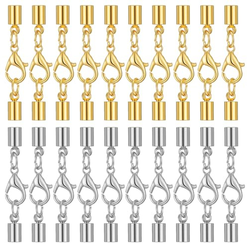 20 Set Necklace Clasp, Gold Silver Jewellery Clasps for Bracelet, Lobster Claw Clasps Connector with Cord Ends for Jewelry Making, Bracelets, Necklaces, DIY Craft, 4mm ID