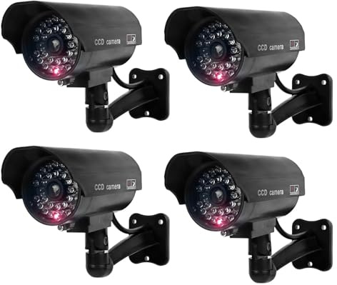 Dummy Cameras Fake CCTV, 4 Pack Dummy CCTV Camera Outdoor Indoor, Dummy Security Cameras, Dummy Fake Camera Waterproof Bullet Shape Fake Security Camera with Red Flashing LED + Yellow CCTV Signs