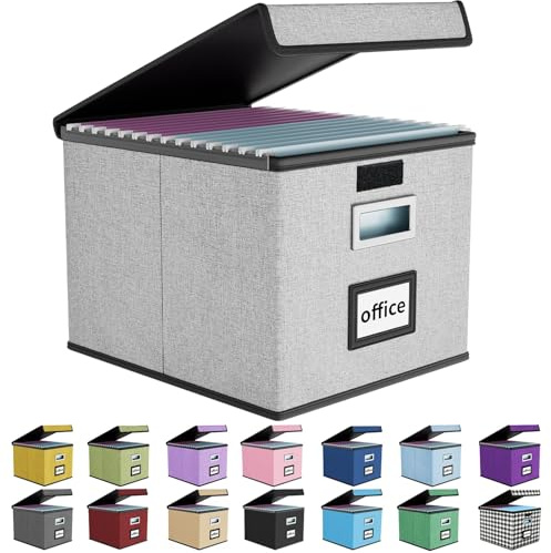 Huolewa Upgraded Portable File Organizer Box with Lid, Collapsible Linen Hanging Filing Storage Boxes with Plastic Slides, Decorative Home/Office Filing System Box for File and Folders Storage (Gray)