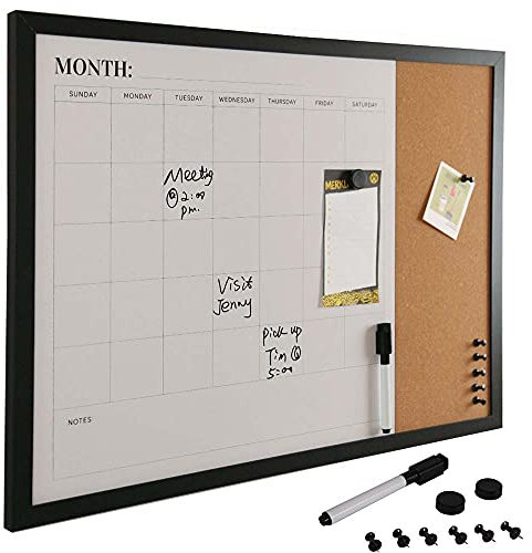 Bakaji Lavagna Magnetica Bianca con Bacheca Memo in Sughero Combinata 60 x 40 cm Cornice in Legno con Pennarello Cancellabile 2 Magneti e 6 Puntine Design Moderno Lavagnetta Casa Cucina Ufficio