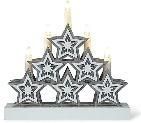 St Helens Home & Garden Xmas Haus Natural Festive Wood LED Light Up Christmas 5 Candle Bridge Arch Decoration With Stars Battery Operated