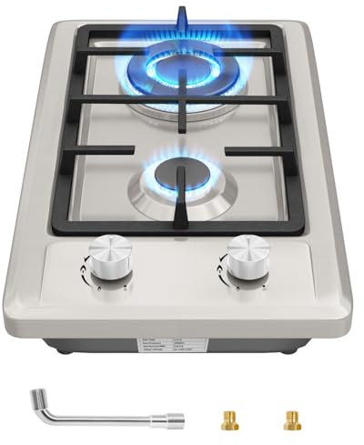 Placa de Gas,Placa de cocción a gas 2 fuegos, autosuficientecon protección térmica automática,Cocina empotrable acero inoxidable,convertible NG/LPG,4300 watt