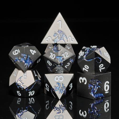 HNCCESG Set med tärningar i metall D och glitter blå drake tungmetallisk DND-tärning, polyhedral tärning 7 delar för fängelsehålor och drake bordsspel (svart glitter blå drake)