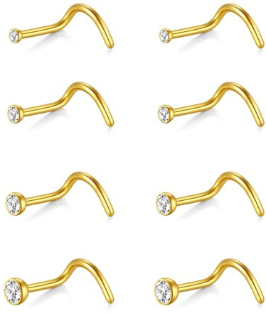 AceFun Nose stud Rings 8 Pieces 20G l shape nose stud Gold Nose Screw Rings Stud Earrings Stainless Steel l shaped nose stud Piercing Jewellery Clear CZ