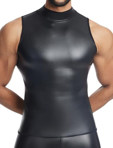Mens Faux Leather Vest Undershirt Wet Look Sleeveless Tank Top Shirt PU Leather Undershirt High Neck Sleeveless XS
