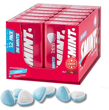 UMDA Smints Box of 12 Sugar Free Mints Sweets XXL Tins | Best Sugar Free Strawberry Mints for Bad Breath | Vegetarian Sweets | Smint Strawberry (Pack of 12)