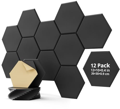 Woovio Sound Proofing Panels Self-adhesive, Hexagon Acoustic Wall Panels 12 Pack High Density Sound Absorbing Panels for Recording Studio, Living Room, Home Offices 30x30x0.9cm Black