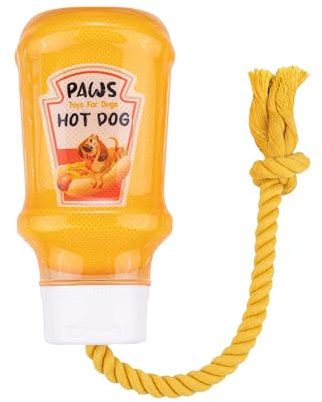 Fuzzl TPR Mustard Bottle Rubber Dog Toy with Rope – Durable Chew & Tug Toy for Small, Medium & Large Dogs – Tough – Interactive Fetch, Tug-of-War & Dental Health Play