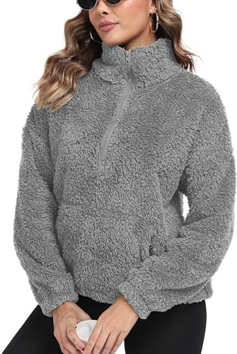IWOLLENCE Jersey de mujer para invierno, chaqueta de forro polar tipo teddy, chaqueta de sherpa, sudadera cálida sin capucha, jersey con media cremallera, gris, XL