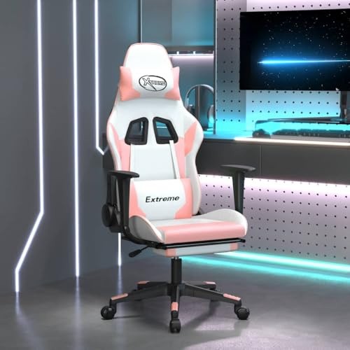 Basinlix Silla de gaming con función de masaje, piel sintética blanca y rosa, ergonómica, ajustable, con reposapiés y reposabrazos, para oficina, habitación juvenil, PC, consola de deportes