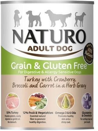 Naturo - Grain & Glutem Free Adult Dog Food with Turkey, Cranberries, Broccoli and Carrots in Herbal Sauce - Pack of 12 x 390g - Total 4650g