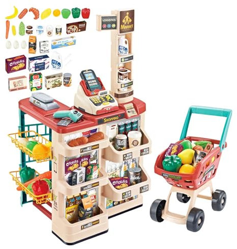 deAO Spielset für Kinder, Supermarkt, mit Einkaufswagen und mehr als 20 Spielzubehör enthalten, Rot