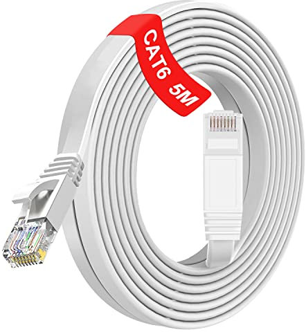 TBMax Flat 5m Ethernet Cable Cat6 High Speed Gigabit Lan Cable 1Gbps RJ45 POE Network Cable - Short Internet Patch Cable for Modem,Router, Compatible with Cat5/5e,Cat7,White(5Meter)