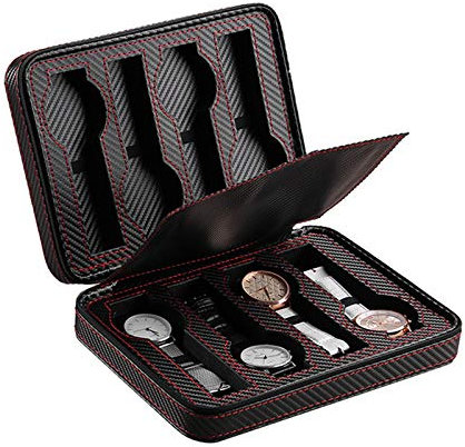Scatola Portaoggetti per Orologi 8 Scomparti Custodia per Espositore per Orologi Custodia in per Gioielli in fibra di Carbonio Organizzatore per Raccolta di Gioielli con Cerniera (Nero 8 Slot)
